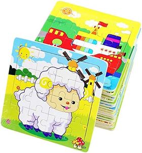 PROW®Rompecabezas de Madera 16 Piezas de niños Rompecabezas Elefante Panda Cachorro Pequeño Cordero Nave Tren Aviones Gansos Vacas Tigre Ranas educación Aprendizaje Juguetes (12 Paquetes,Cada 16)