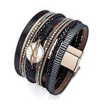 Luluadorn Women Multi-Layer Leather Wrap Bracelet Stackable Wristband Braided Cuff Bangle Bracelets Handmade Jewelry (Black)