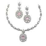 ZENEME Rhodium-Plated Silver Toned Square & Circular Shaped American Diamond Studded Necklace with Earring Jewellery Set for Girls and Women (Pink)