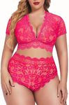 Avidlove Plus Size Lingerie Plus Floral Lace Scallop Trim Lingerie Set Deep V Allover Lace Bra Panties Set Rose Red