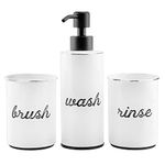 AuldHome Farmhouse Bathroom Accessories Set (3-Piece Set, White); Enamelware Matching Soap Dispenser, Toothbrush Holder and Rinse Cup for Sink Vanity