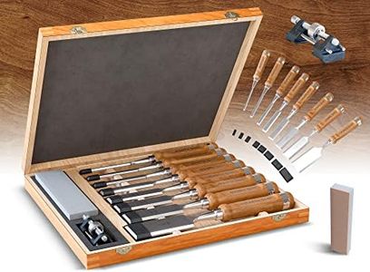 WRKSHP Wood Chisel Set (8 pcs) with Premium Wooden Storage Case, Sharpening Stone, Honing Guide & Protective Caps - Wood Chisels for Woodworking