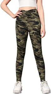 WDIRARA Girl's Camo Print Athletic Leggings Dance Running Yoga Knitted Pants Army Green 8-9Y