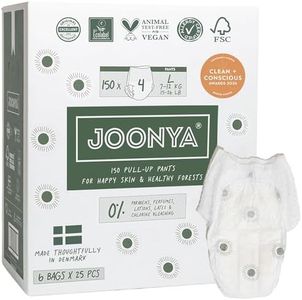 Joonya Pull-Up Pants Baby Diapers, Size 4 L (15-26 lb) - 6 Bags of 25 (150) - Non Toxic, Eco-Friendly, High Absorbency, Overnight Use, Ultra Slim & Soft - Made in Denmark