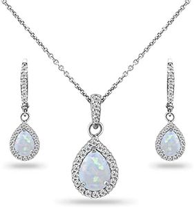 B. BRILLIANT Sterling Silver Genuine, Simulated Gemstone Halo Dainty Pear Teardrop Necklace & Earrings Jewelry Set for Women with Gift Box, Metal, Opal