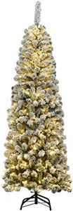 Costway 180cm Snow Flocked Prelit Christmas Tree, Premium Hinged Artificial Xmas Full Tree with 350 Warm White LED Lights, Solid Metal Stand, Easy Assembly, Classic Pencil Tree Holiday Decoration