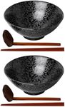 Kanwone Ceramic Japanese Ramen Bowl Set, Noodle Soup Bowls - 37 Ounce, with Matching Spoons and Chopsticks for Udon Soba Pho Asian Noodles, Set of 2, Black