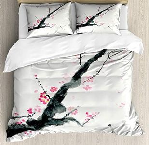 Ambesonne Dragonfly Duvet Cover Set, Branch of a Pink Cherry Blossom Sakura Tree Bud and a Dragonfly Dramatic Artisan, Decorative 3 Piece Bedding Set with 2 Pillow Shams, King Size, Jungle Green