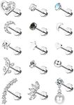 Sanfenly 16G Cartilage Stud Earrings for Women Stainless Steel Small Opal Star Pearl Flat Back Tragus Earring Studs Silver, CZ Flower Labret Studs Lip Bar Lobe Nose Ear Piercing Jewellery 15Pcs