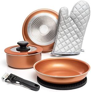 Moss & Stone Copper Pots and Pans Set Nonstick, Removable Handle Cookware, Stackable Pots and Pans Set, Dishwasher Safe, Induction Pots and Pans, Camping Cookware Set, Aluminum (7 Pcs)