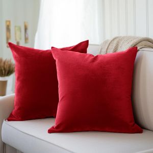 Encasa Homes Set 2 pezzi di coperture ammortizzanti in VELLUTO (50 x 50 cm), Rosso- semplici, resistenti, morbide e liscie, lavabili, a grandi quadrati decorativi, cuscino federa per divano, sofa