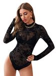 SweatyRocks Women's Mock Neck Leopard Long Sleeve Mesh Bodysuit Leotard, Floral Black, Medium