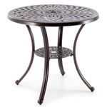 COSTWAY Garden Dining Table, Cast Aluminum Patio Bistro Table with Umbrella Hole, All-Weather Outdoor Conversation Side Table for Balcony Backyard Poolside, Antique Bronze (Round-79 x 79cm,with Shelf)