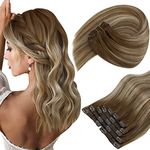 Sunny Hair Clip in Hair Extensions Human Hair Invisible Clip in Hair Extensions Real Human Hair Straight Hair Extensions for Women 14inch Medium Brown to Platinum Blonde Balayage