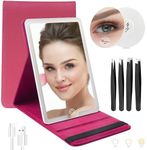 WangSelect Travel Mirror with Light Ultrathin Portable Travel Makeup Mirror Rechargeable 2000mAh and 3 Color Settings Lighted Vanity Mirror Include 10X Magnifying Mirror&Tweezers Set -Rose Red