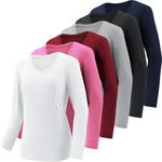 4-7 Pack Long Sleeve Shirts for Women,Moisture Wicking Shirts Long Sleeve Workout Tops for Women V Neck Hiking T-Shirts, 6 Pack Black,light Grey,white,dark Red,rose Red,navy, Medium