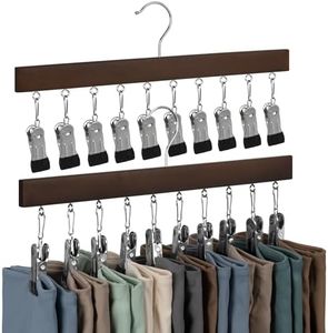 StorageWorks Wood Hanger for Pants, Wooden Pants Hangers with 10 Nonslip Clips, Set of 2 Legging Organizer for Closet, Space Saving Hangers Hold 20 Skirts, Hats, Shorts, Walnut Color