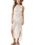 Bsubseach Crochet Cover Ups for Women Hollow Out Sleeveless Bikini Swimsuit Swimwear Side Split Long Beach Dresses, C-beige, One Size