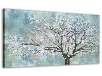 NINEASO Flowers Tree Wall Art - Plum Blossom Canvas Pictures Elegant Floral Painting White Flower Light Teal Background Printing Artwork Living Room Bedroom Home Office Wall Decor 73.5CM X 147CM