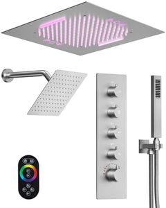 GRANDJOY Luxury LED Shower System, Bluetooth Music 20" Ceiling Mount Shower Head with 10" Shower Head, Brushed Nickel