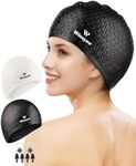 Winsyne 2 Pack Unisex Silicone Swimming Cap for Women Men, Large Size Swimming Hat for Long Hair/Braids to Keep Hair Dry, Waterproof Swim Cap for Swimming with Ear Plugs & Nose Clip Set(Black&White)