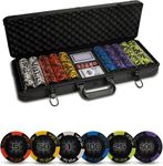 Tradeopia Casino Style Poker Chips Set with Aluminium Storage Case, Included Items - 1 Dealer Chip, 2 Playing Cards Deck, 5 Red Dice, Ideal Gifts for Poker Players (500 Numbered Chips - Black)