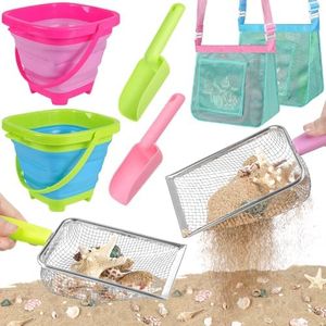 FHOZGECY Beach Toys, 8PCS Sand Toys with 2 Collapsible Beach Buckets and 2 Sand Shovels, 2 Beach Mesh Shovels with 2 Seashell Bags for Shell Collecting, Shark Tooth Sifter for Kids Adults Boys Girls