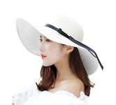 CLOTHERA Summer Big Brim Floppy Straw Beach Hats for Women (Beige) (White with Black Ribbon)