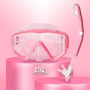 EXP VISION Dry Snorkel Set, Pano 3 Window Snorkel Mask, Anti-Fog Scuba Diving Goggles and Snorkel, Professional Adult Snorkeling Swim Mask Gear (Pink)