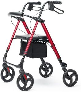 EQUIPMED Assureline 4 Wheel Lightweight Rollator Walker, Aluminium Frame, Seat, Carry Bag, for Seniors, Red