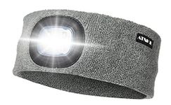 ATNKE LED Lighted Headband, USB Rechargeable Running Hat Ultra Bright 4 LED Waterproof Light Lamp Headlamp High Stretch Moisture Wicking Multi-Color/Grey