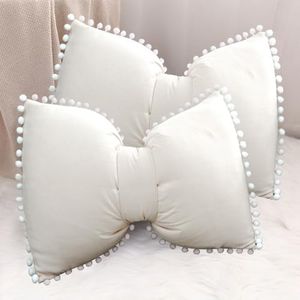 YDBDAT 14x20 Decorative Throw Pillow Covers with Pom Poms Cushion Case Lumbar Outdoor Bow Velvet Pillow Cases for Bed Sofa Couch Bench Car Set of 2 Ivory x2