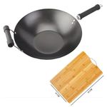 STAR AST Carbon Steel Wok, 27cm, Excellence, Induction Hobs Suitable/Metal Tool Safe/Phenolic Handle, Includes 1 x Chinese Wok Pan + 1 x Chopping Board