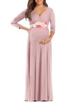 KIM S Maternity Maxi Dress with Flower Sash(S-3XL)/Wrapped Ruched V Neck Photoshoot Baby Shower Dresses, Dusty Pink, Medium