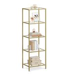 VASAGLE Bookcase, 5-Tier Bookshelf, Slim Shelving Unit for Bedroom, Bathroom, Home Office, Tempered Glass, Steel Frame, Metallic Gold ULGT029A01