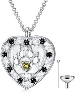 SOULMEET Custom Silver/Real White Gold Paw Print Necklace for Ashes, Personalize Engraving Birthstone Pet Urn Necklace for Ashes Keepsake Cremation Jewelry for Pet Cats Dogs-August