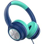 LORELEI E7 Kids Headphones with Microphone,On-Ear Wired Headset for Children/Boys/Girls,85/94dB Safe Volume 3.5mm Audio Jack Tangle-Free for School/iPad/Laptop/Travel (Blue&Green)