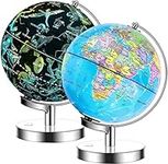 Exerz Illuminated World Globe 23cm diameter metal base - 2 in 1 Light up Cable Free LED lamp - Political Map/Constellation Stars - Day and Night