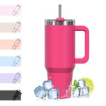 WATERSY Travel Mug Coffee Cup 40oz Tumbler Straw Lid and Handle, Stainless Steel Double Wall Vacuum Insulated Coffee Water Bottle Thermos for Cold Hot Coffee 1182ml Gloss Pink