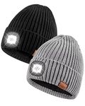 Beanie with Light for Men 2 Pack, Hat with Light Built in Rechargeable Winter Headlamp Caps, Gift for Men Dad Led Beanie Hats, Black&light Gray, One Size