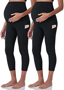POSHDIVAH 2Pcs Women's Maternity Workout Leggings Over The Belly Pregnancy Yoga Pants with Pockets Soft Active Wear Work Pants Capri Blacks Medium