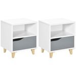 HOMCOM Bedside Table Nightstand with Drawer and Shelf, Side End Table with Wood Legs for Bedroom, Set of 2, White and Grey