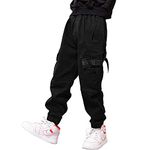 MEILONGER Boys Cargo Pants Cotton Casual Pants Loose Hiking Bottoms Elastic Cuffed Joggers(Black,10-12)