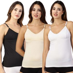 XPORTS Women's Bra Attached Cotton Camsiole, Spaghetti - Pack of 3 (Black White Skin) - XL