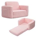 BEJOY Kids Sofa Bed 2-in-1 Flip Out Cuddly Sherpa Toddler Couch Convertible Sofa to Lounger Children Sofa Bed Children's Day and Birthday Gift for Girls Boys, Pink