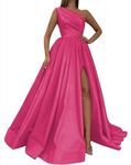WSEYU Satin Bridesmaid Dresses with Pockets A-Line Satin Sweep Train Evening Party Dress Plus Size Hot-Pink UK26