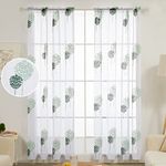 Deconovo Faux Linen Leaves Embroidery Sheer Curtains Rod Pocket Net Voile Curtains for Living Room 55 x 54 Inch(Width x Length) 2 Panels Light Green/Dark Green 2 Panels