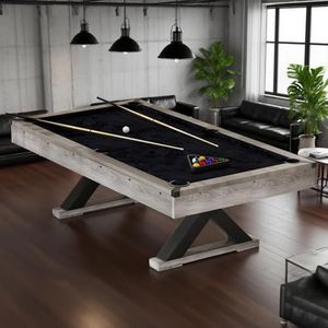 84" Rustic Grey Pool Table with X-Shaped Legs and Black Cloth – Includes Billiard Balls, Cues, and Accessories for Game Room & Home Entertainment (Grey Finish)