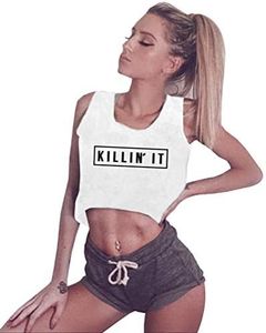 YITAN Women Graphic Sleeveless Tank Crop Top Teen Girls Cute Gym Tee Shirt White Large