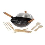 Honey Can Do Joyce Chen Professional Series 14-Inch 10-Piece Wok Set, Includes Carbon Steel Nonstick Wok Pan with Lid and Maple Handles, Tempura Rack, Utensils, and Recipe Book